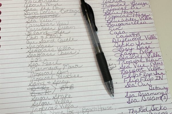Pen on notebook list of villa names