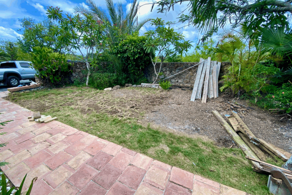 Front lawn area after wooden decks were taken apart