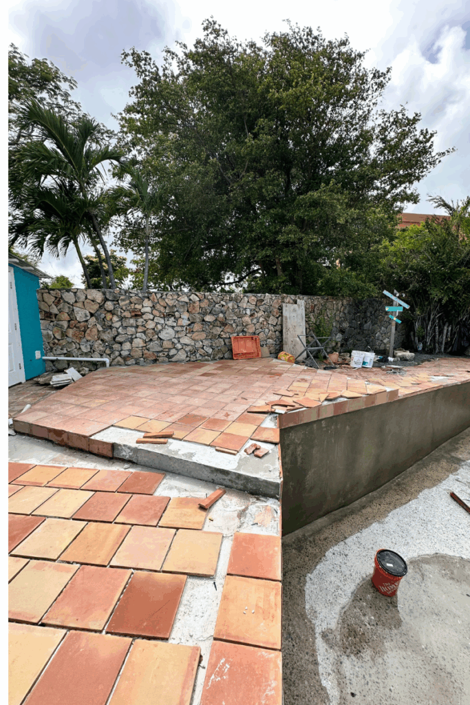 New Saltillo Tile being placed on pool deck